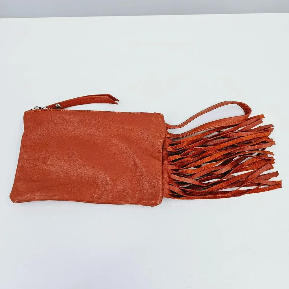 Talula De La Lune Leather Wristlet Camel Brown Fringe Trim Pink Zip Top Plaid